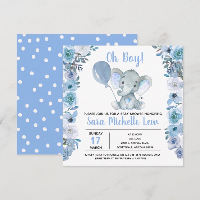boy's Elephant Watercolor Baby Shower Invitation (Front/Back)