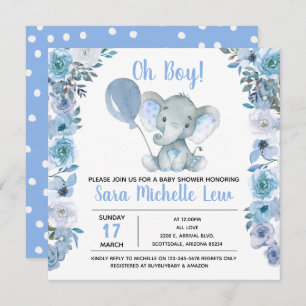 boy's Elephant Watercolor Baby Shower Invitation