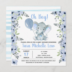 boy's Elephant Watercolor Baby Shower Invitation