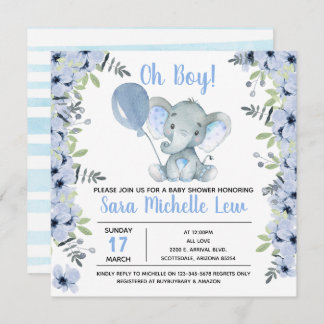 boy's Elephant Watercolor Baby Shower Invitation