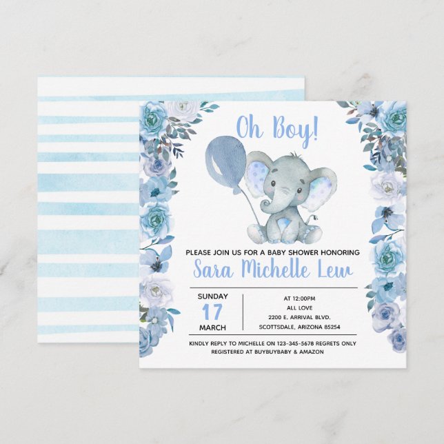 boy's Elephant Watercolor Baby Shower Invitation (Front/Back)