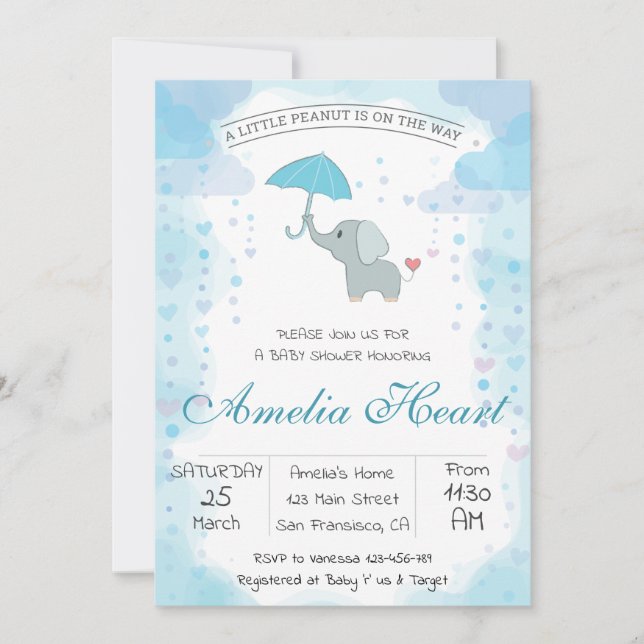 Boy's Elephant Watercolor Baby Shower Invitation (Front)