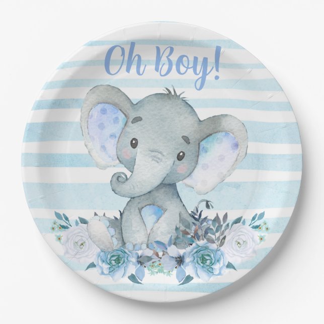 boy's Elephant Watercolor Baby Shower napkins Paper Plate (Front)