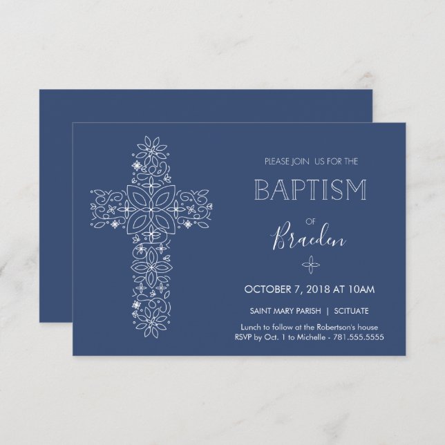 Boys Fancy Baptism Invitation with Cross (Front/Back)