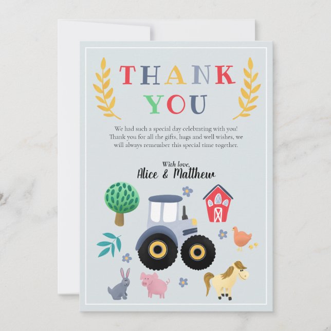 Boys Farm Animals & Blue Tractor Baby Shower  Thank You Card (Front)