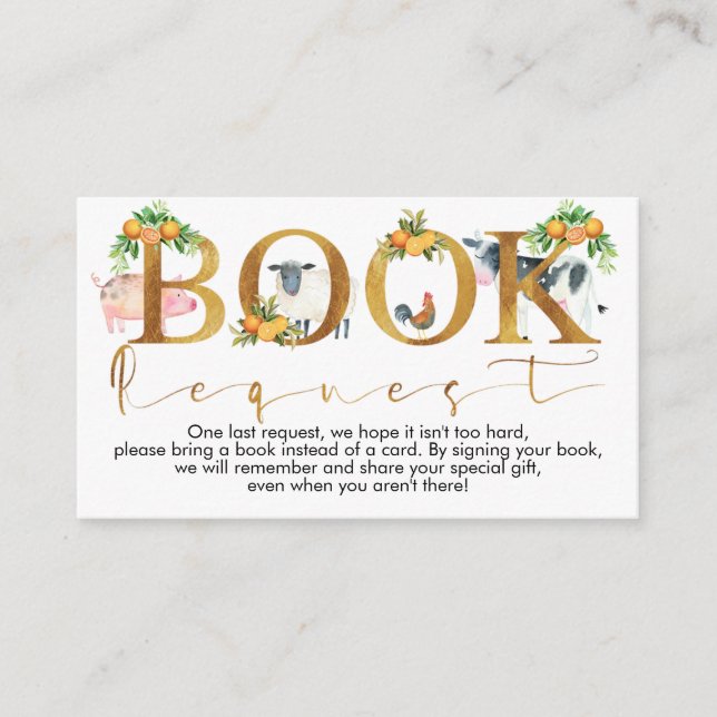 Boys farm animals books request baby shower insert (Front)