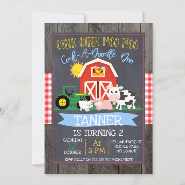 Boys Farm Barnyard Chalkboard Birthday Invitation (Front)