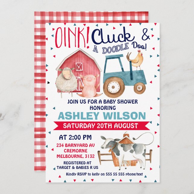 Boys farm themed baby shower invitation (Front/Back)