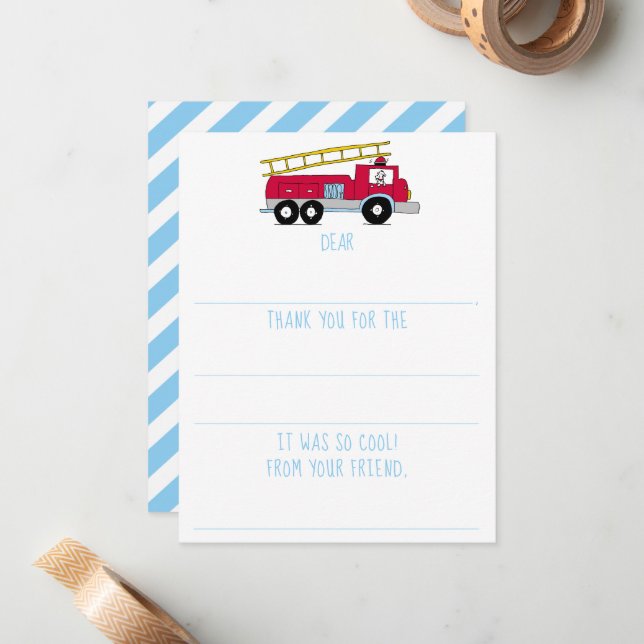 Boys Fill-In Fire Truck Birthday Thank You  Card (Front/Back In Situ)