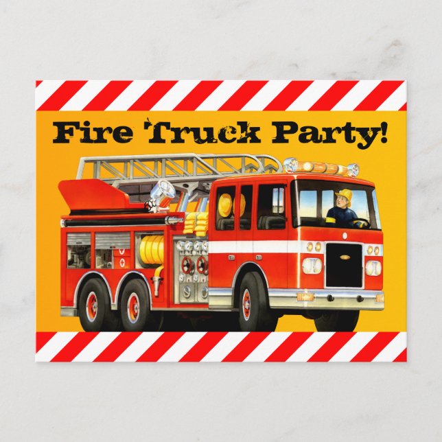 Boy's Fire Truck Party Invitation Postcard (Front)