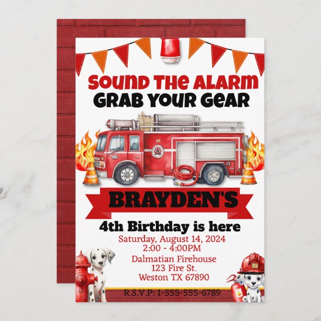 Boys Firetruck Birthday Party  Invitation (Front/Back)