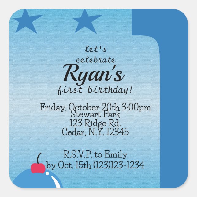 Boy's first birthday invitation  square sticker (Front)