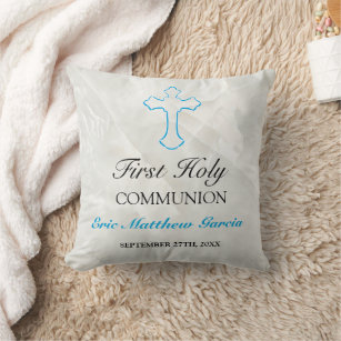 Boys First Communion Elegant Blue Memento Cushion