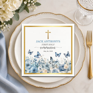 Boy's First Communion Gold Cross Blue Floral Napkin