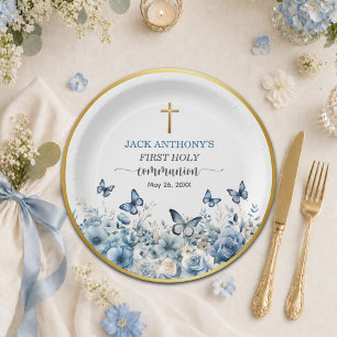 Boy's First Communion Gold Cross Blue Floral  Paper Plate