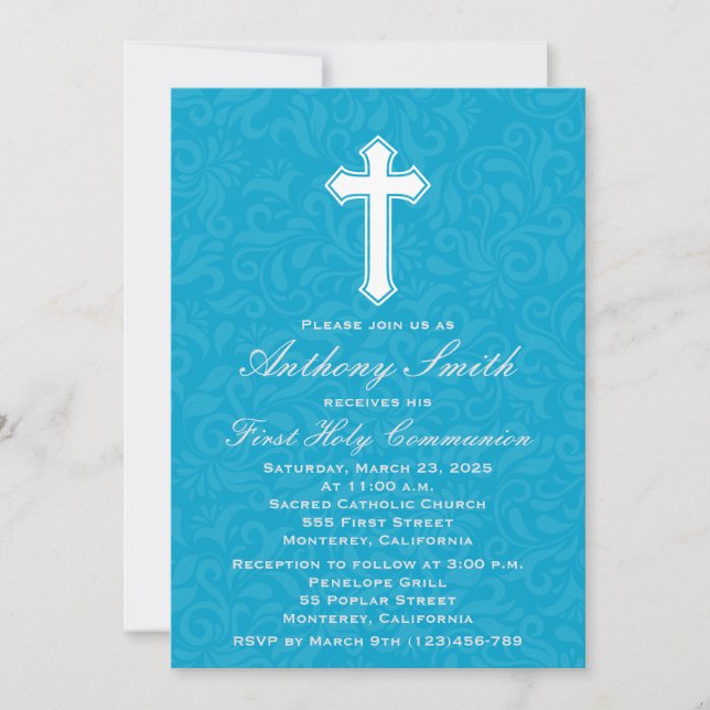 Boy's First Comunion Invitation with Cross (Front)