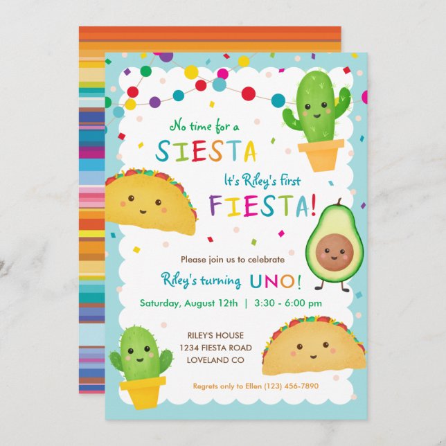 Boy's First fiesta birthday - no time for siesta Invitation (Front/Back)