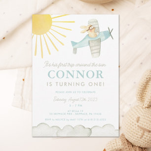 Boys First Trip Around the Sun Plane 1st Birthday Invitation