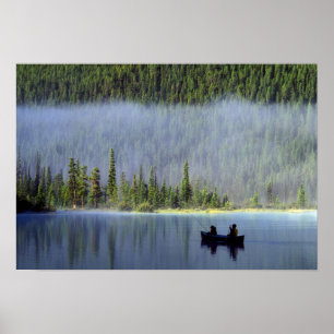 Boys fishing from canoe with mist in poster