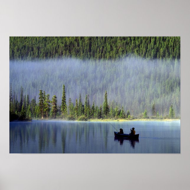 Boys fishing from canoe with mist in poster (Front)
