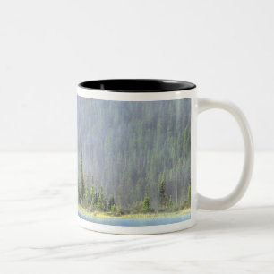 Boys fishing from canoe with mist in Two-Tone coffee mug
