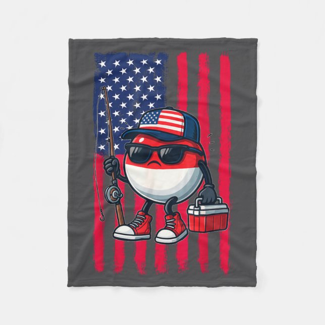 Boys Fishing Rod American Flag Patriotic Fishing F Fleece Blanket (Front)
