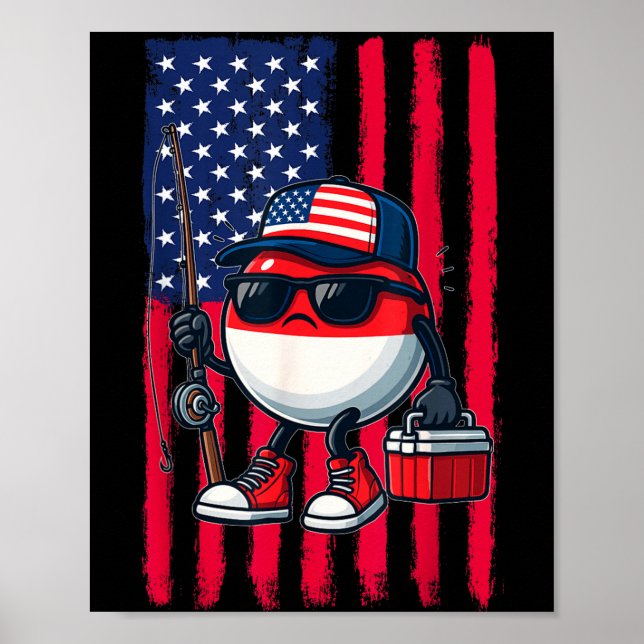 Boys Fishing Rod American Flag Patriotic Fishing F Poster (Front)