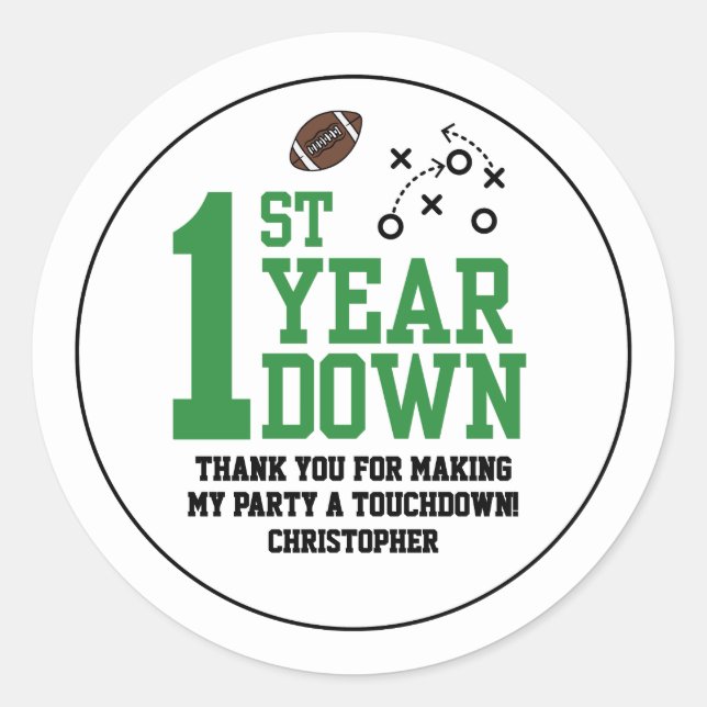 Boys Football First Year Down 1st Birthday Party Classic Round Sticker (Front)