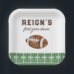 Boy's Football First Year Down 1st Birthday Party Paper Plate<br><div class="desc">Huddle up with your friends and loved ones – it's game time! Rally together for your little guys 1st birthday celebration. This design features a watercolor football and field with fun sporty typography.</div>