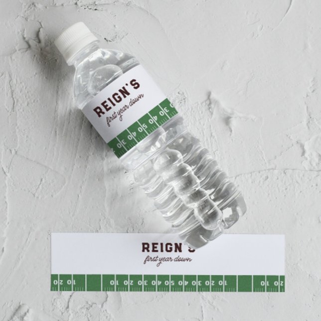 Boy's Football First Year Down 1st Birthday Party Water Bottle Label (Creator Uploaded)