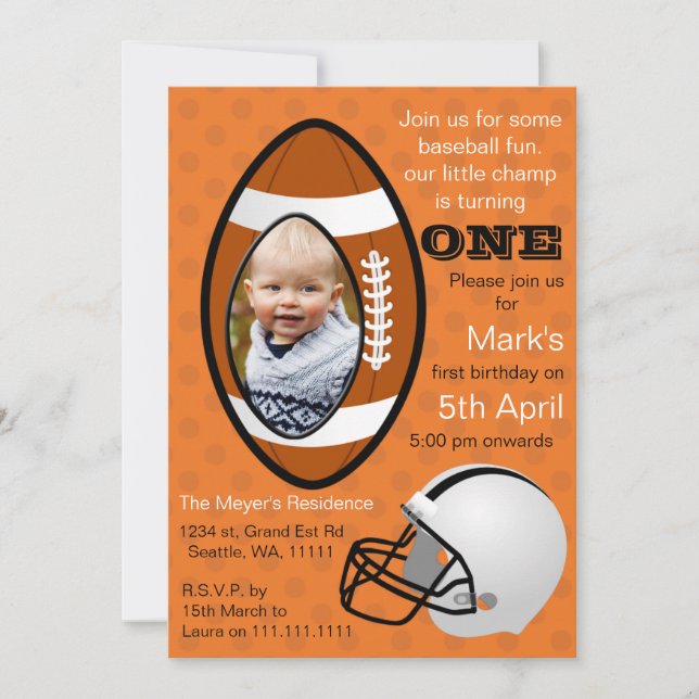 Boys Football Rugby First Birthday Photo Invite (Front)
