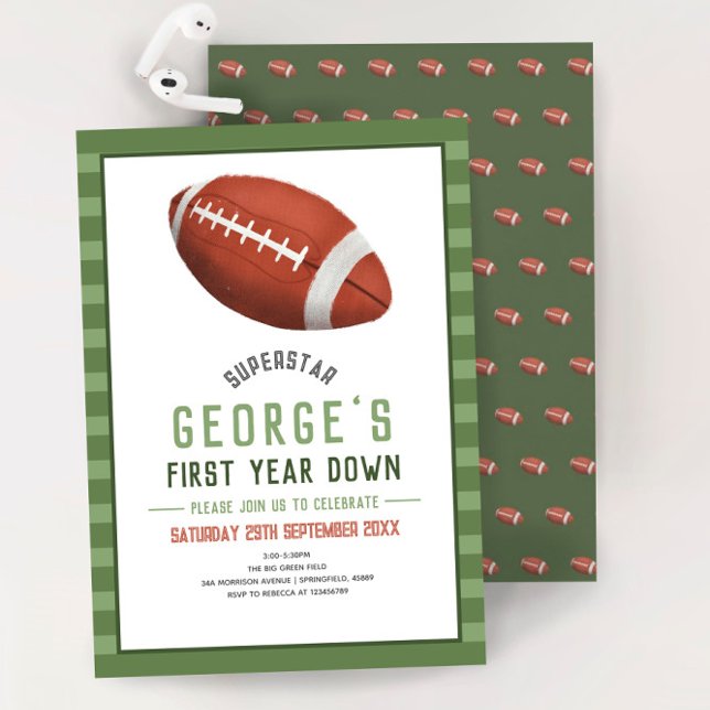 Boys Football Sports First Year Down Birthday Invitation (Creator Uploaded)
