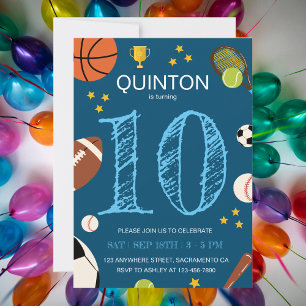 Boys Fun Sports Themed Kids Birthday Party Invitation