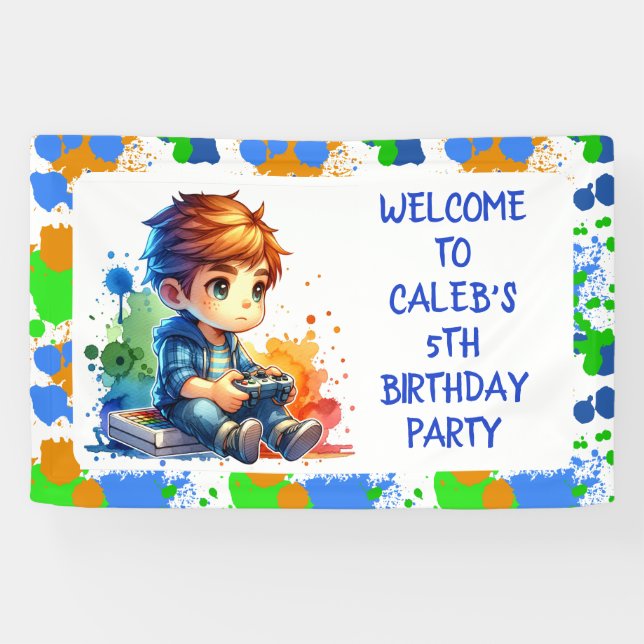 Boy's Gaming Welcome Personalised Birthday Banner (Horizontal)