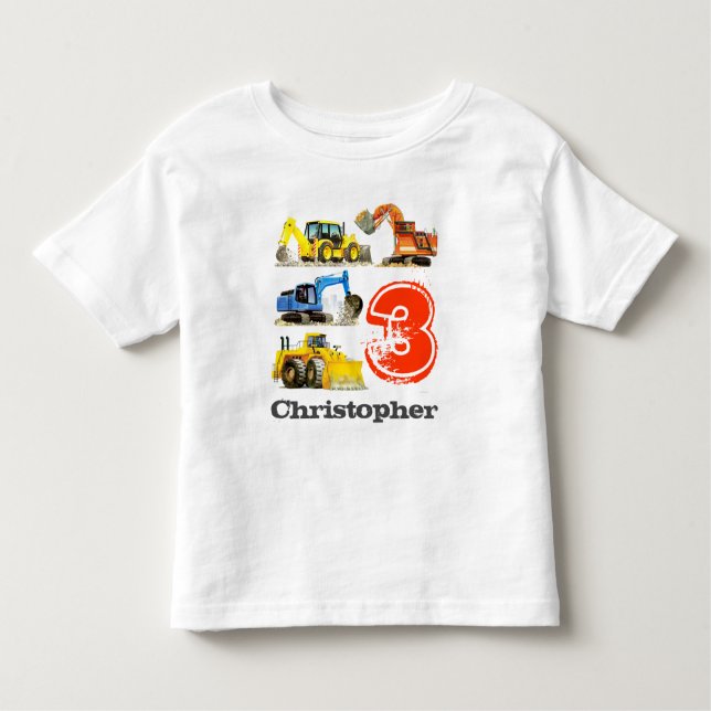 Boys Giant Construction Diggers 3rd Birthday Toddler T-Shirt (Front)