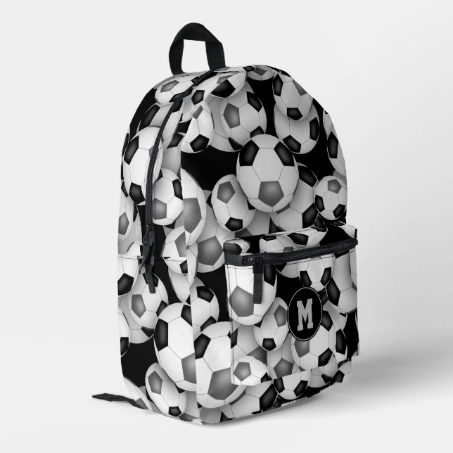 Boys girls black grey soccer balls pattern  printed backpack (Back Corner Left)