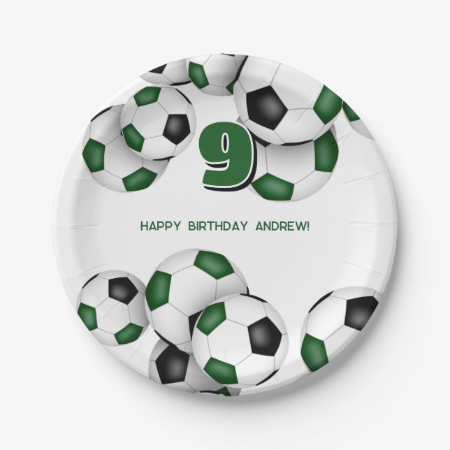 boys girls green black soccer sport birthday party paper plate (Front)