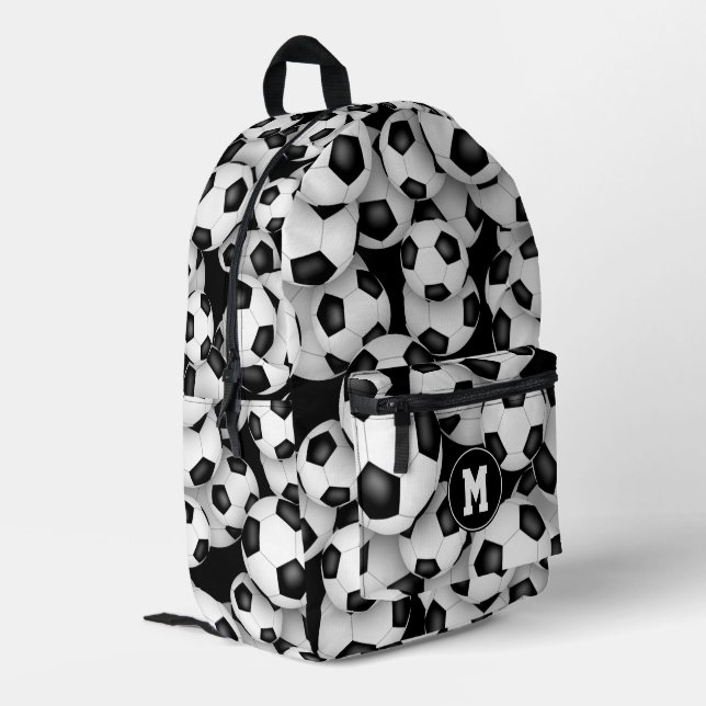 boys girls monogrammed soccer balls pattern printed backpack (Back Corner Left)