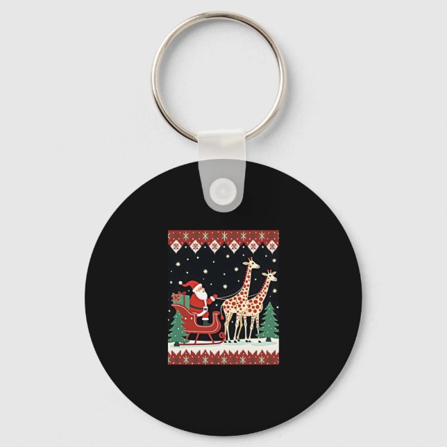 Boys Girls Santa Claus Riding Giraffe Sleigh Ugly  Key Ring (Front)