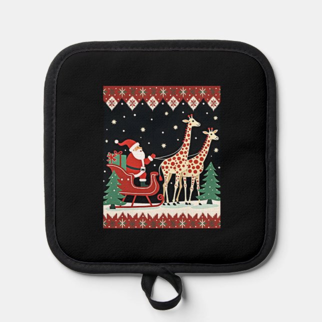 Boys Girls Santa Claus Riding Giraffe Sleigh Ugly  Pot Holder (Front)