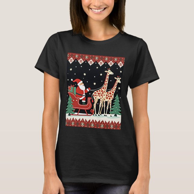 Boys Girls Santa Claus Riding Giraffe Sleigh Ugly  T-Shirt (Front)