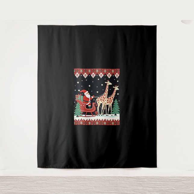 Boys Girls Santa Claus Riding Giraffe Sleigh Ugly  Tapestry (Front)