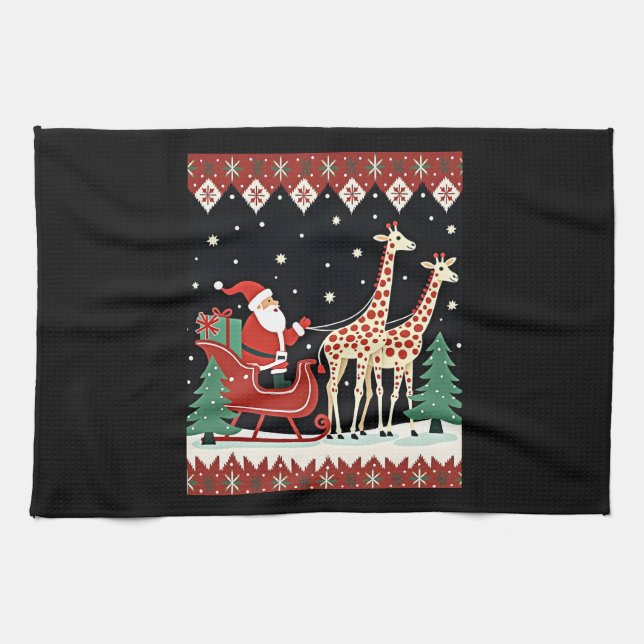 Boys Girls Santa Claus Riding Giraffe Sleigh Ugly  Tea Towel (Horizontal)