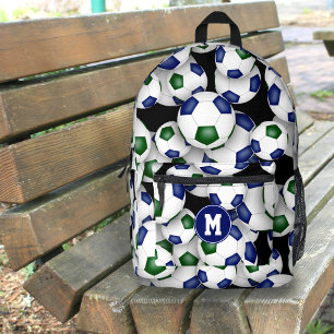 boys girls soccer player blue green team colours printed backpack