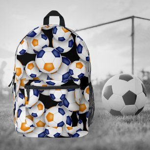 boys girls soccer player blue orange team colours printed backpack