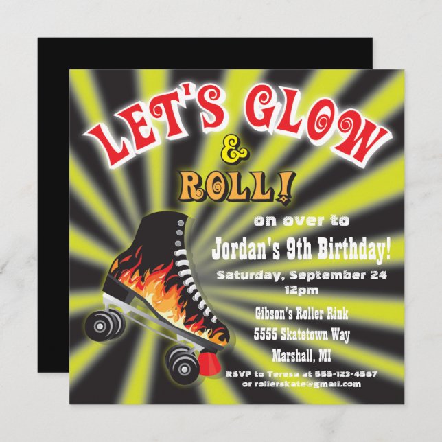 Boys Glow in the Dark Roller Skating Party Invites (Front/Back)