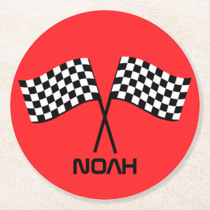 Boy's Go Kart Pit Stop Birthday Racing Flags Class Round Paper Coaster