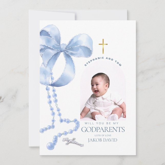 Boys Godparent Proposal, Blue Bow & Rosary Card (Front)