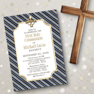 Boys' Gold Navy Stripes First Communion Invitation