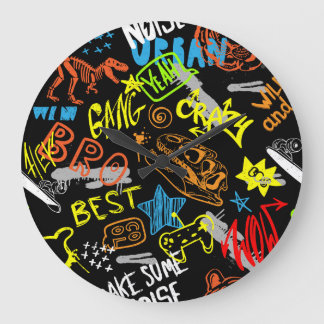 Boys' Graffiti: Hand Drawn Coolness Large Clock